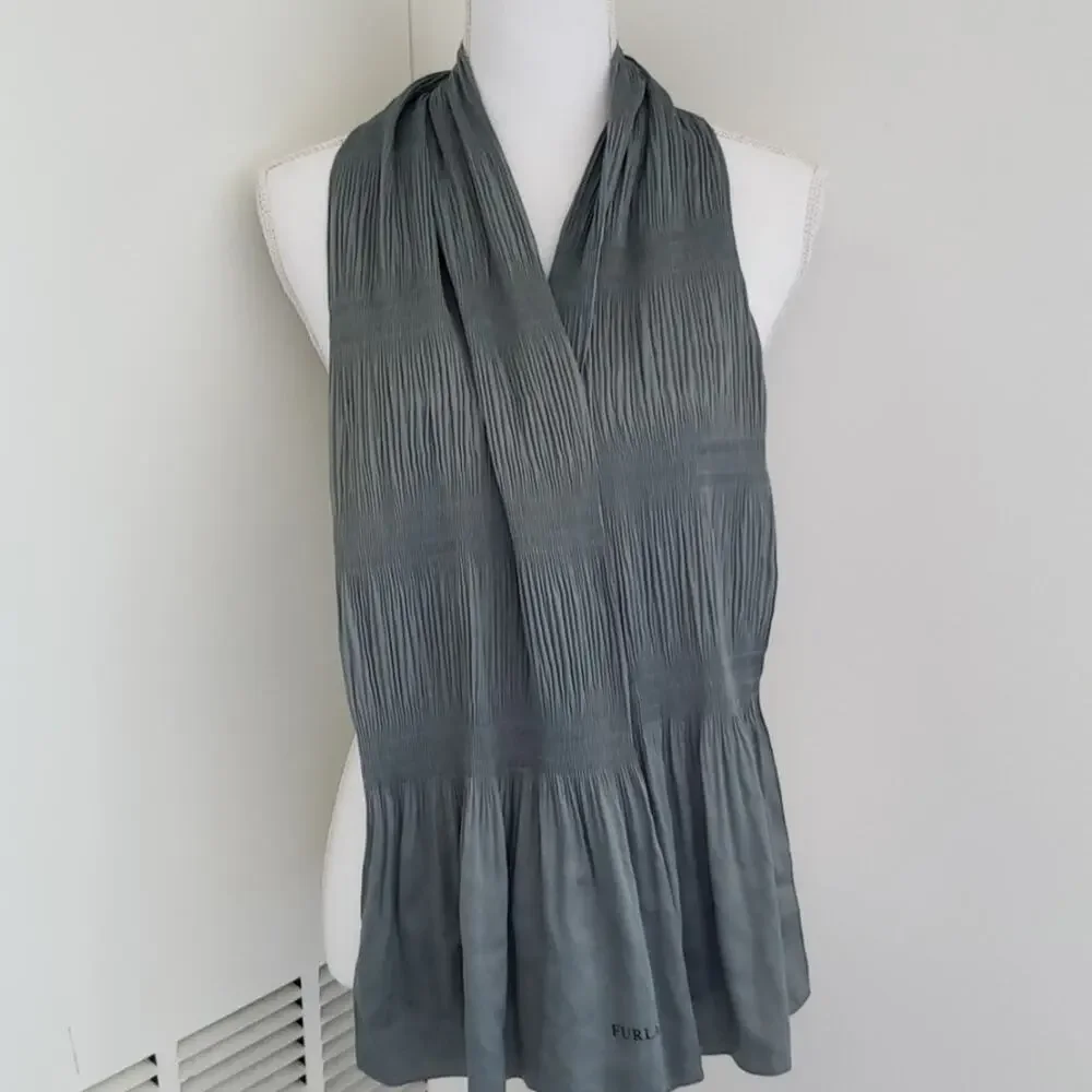 Vintage Furla 100% Silk Smokey Grey Blue Italian Scarf Glam Quiet Luxury Old Mon